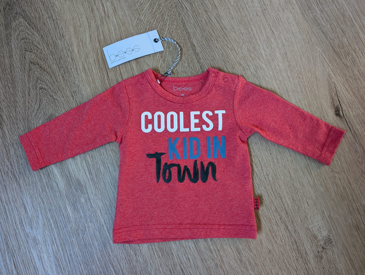 b.e.s.s. coral red baby long-sleeve shirt with Coolest Kid In Town print, EU size 50