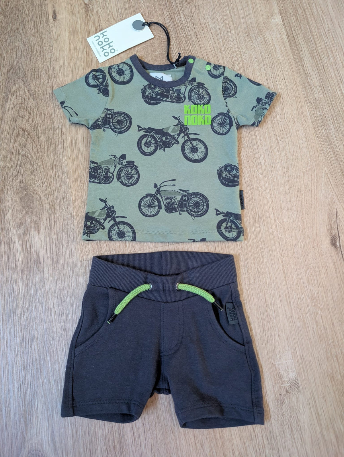 Koko Noko sage green motorbike print baby t-shirt with navy shorts, EU size 56