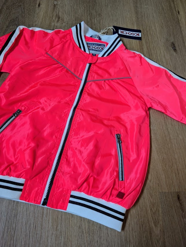The neon pink bomber jacket showing striped collar, cuffs and zip pockets