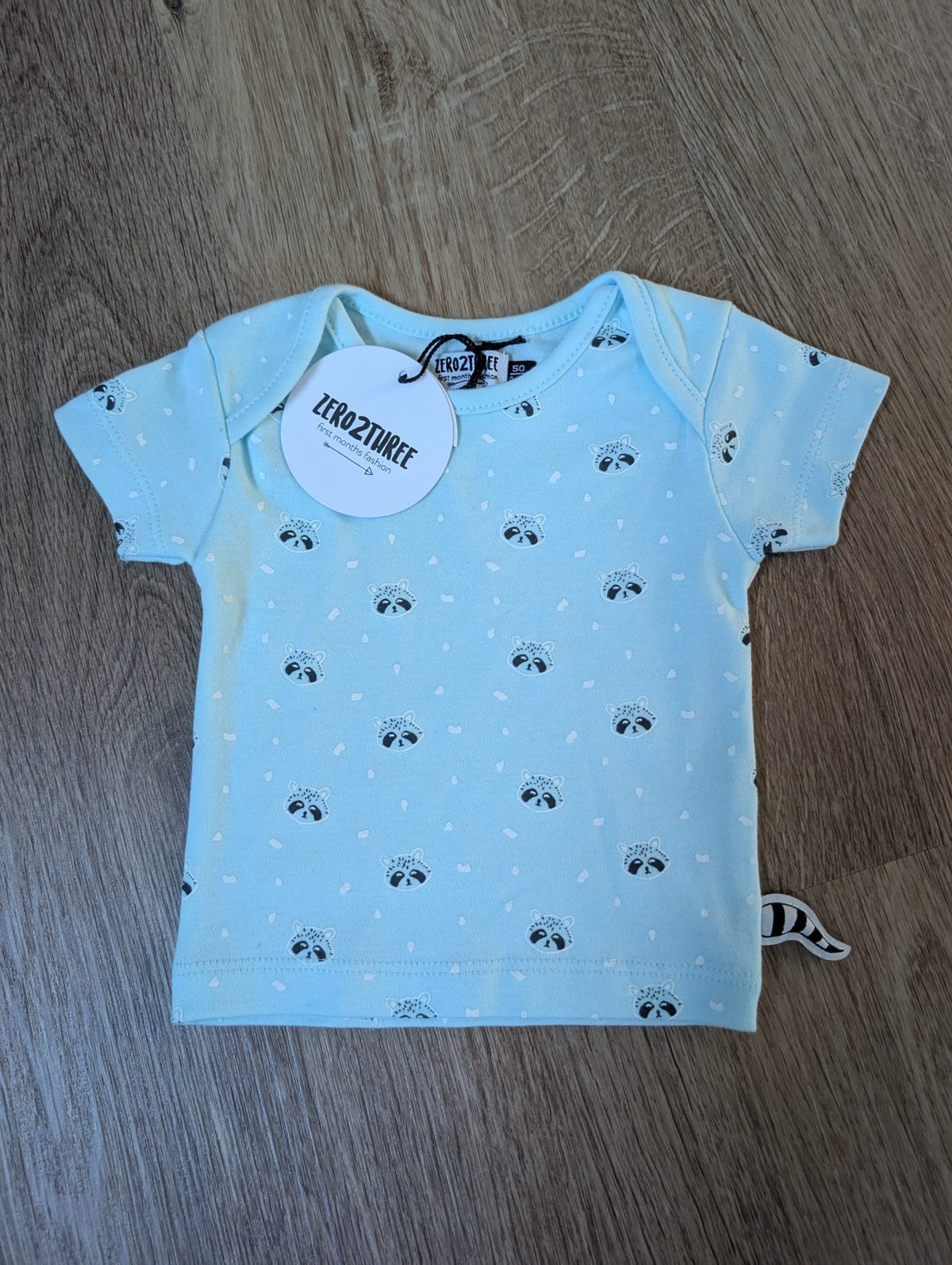 Zero2Three pale blue baby t-shirt with all-over racoon face print, EU size 50