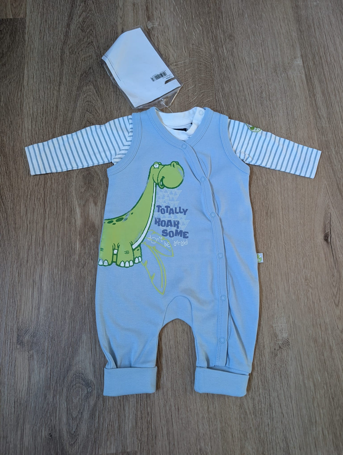 Blue Seven pale blue baby two piece set with dinosaur print and striped sleeves, EU size 56
