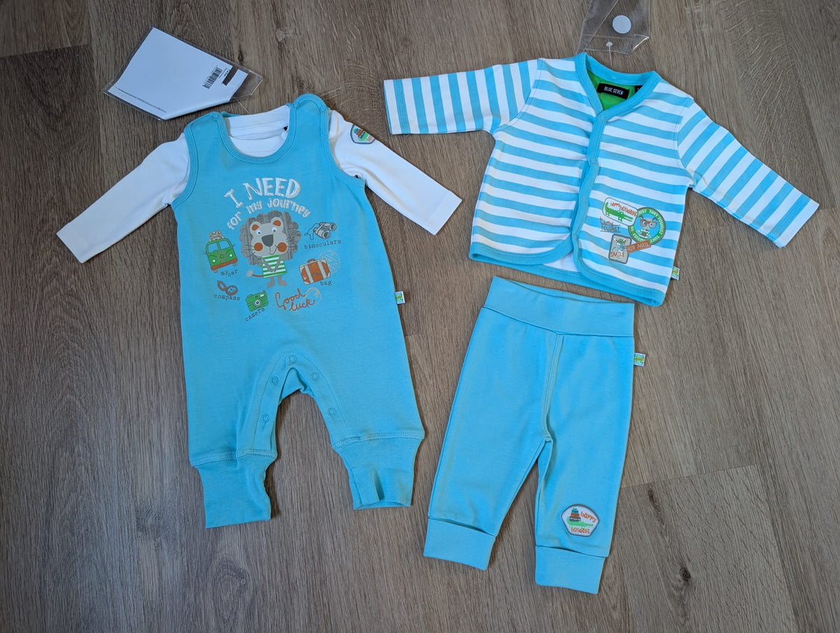 Blue Seven four piece turquoise baby set with printed romper, top, striped cardigan and joggers, EU size 56