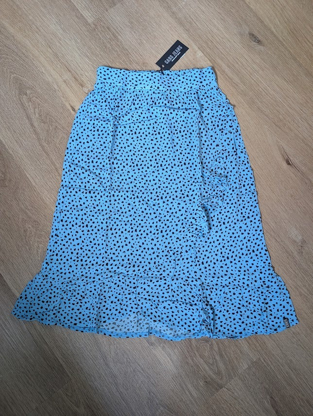 Cars Jeans girls' light blue over-the-knee ruffle skirt with black dot print