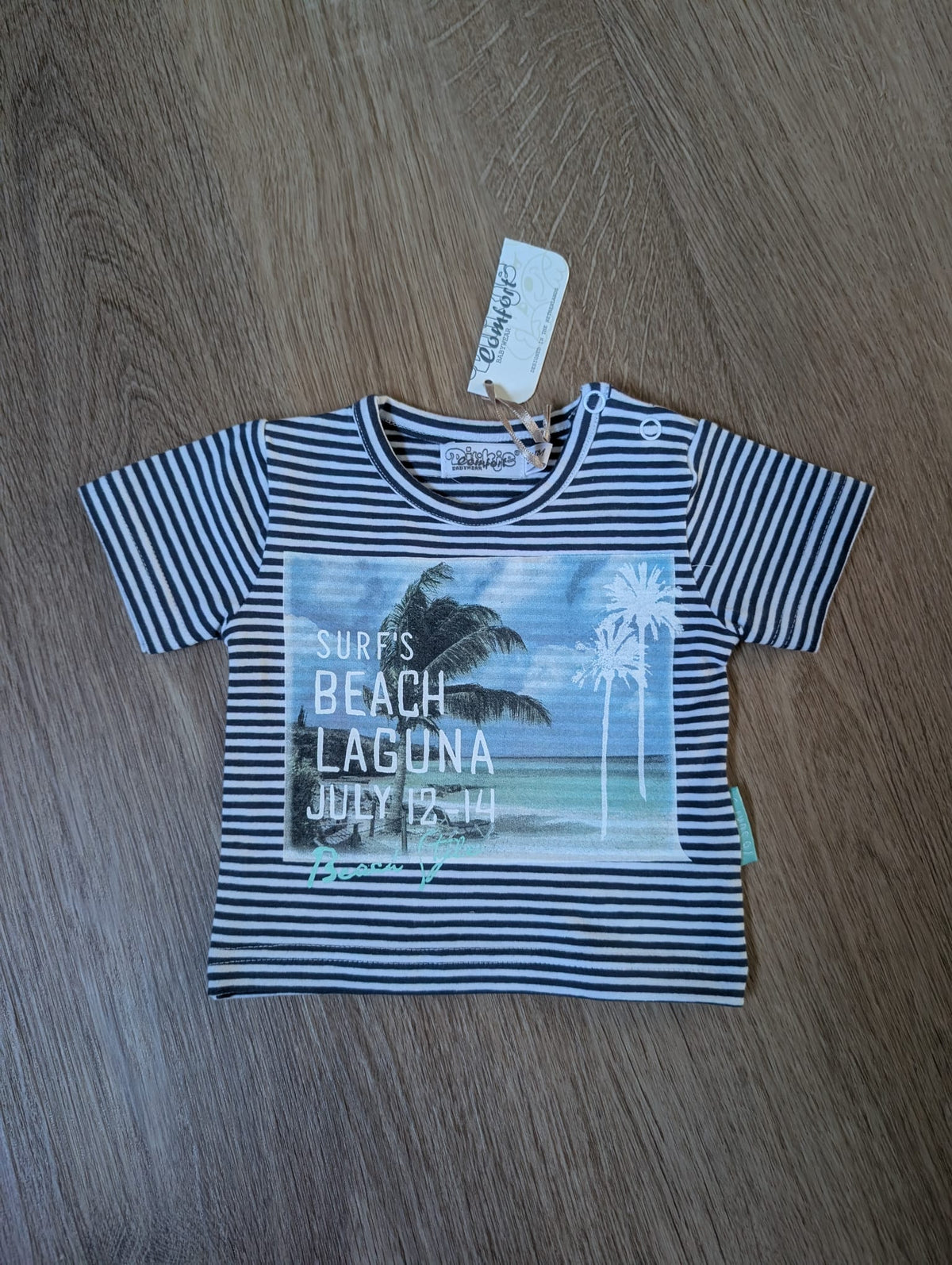 Dirkje navy striped baby t-shirt with beach surf photo print, EU size 50