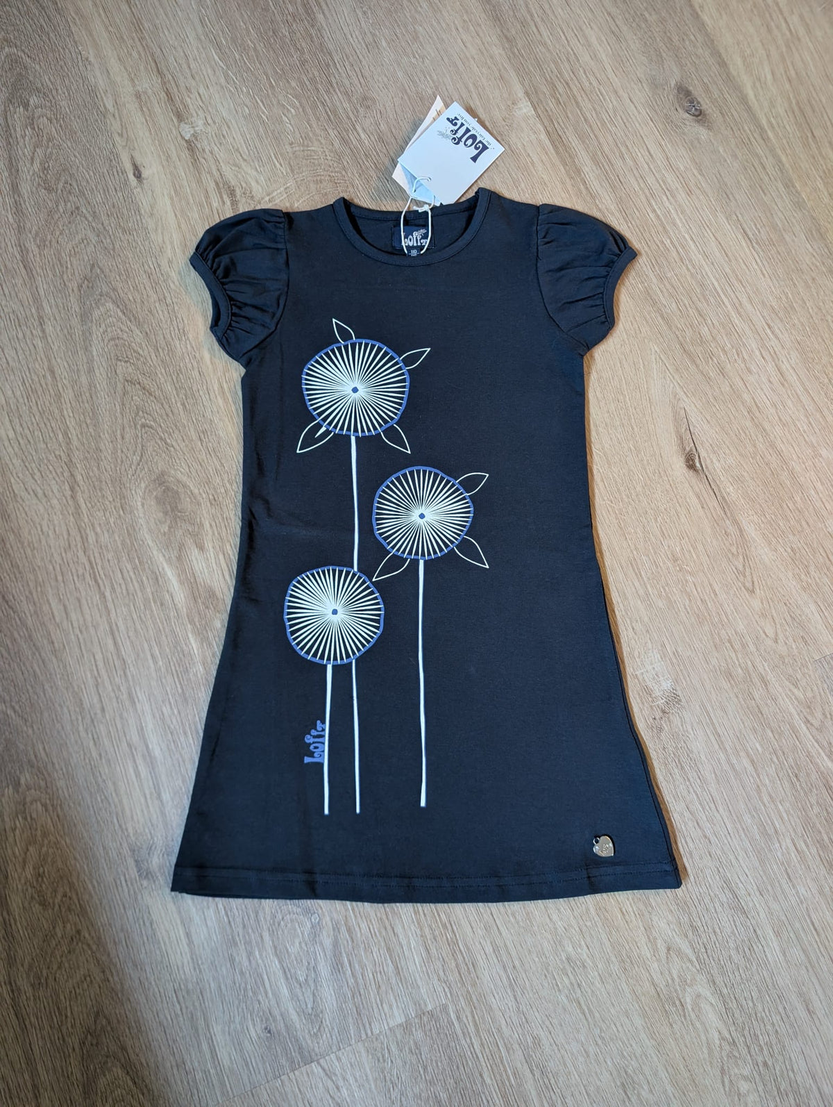 Lofff Arinka navy short-sleeve girls' dress with dandelion print