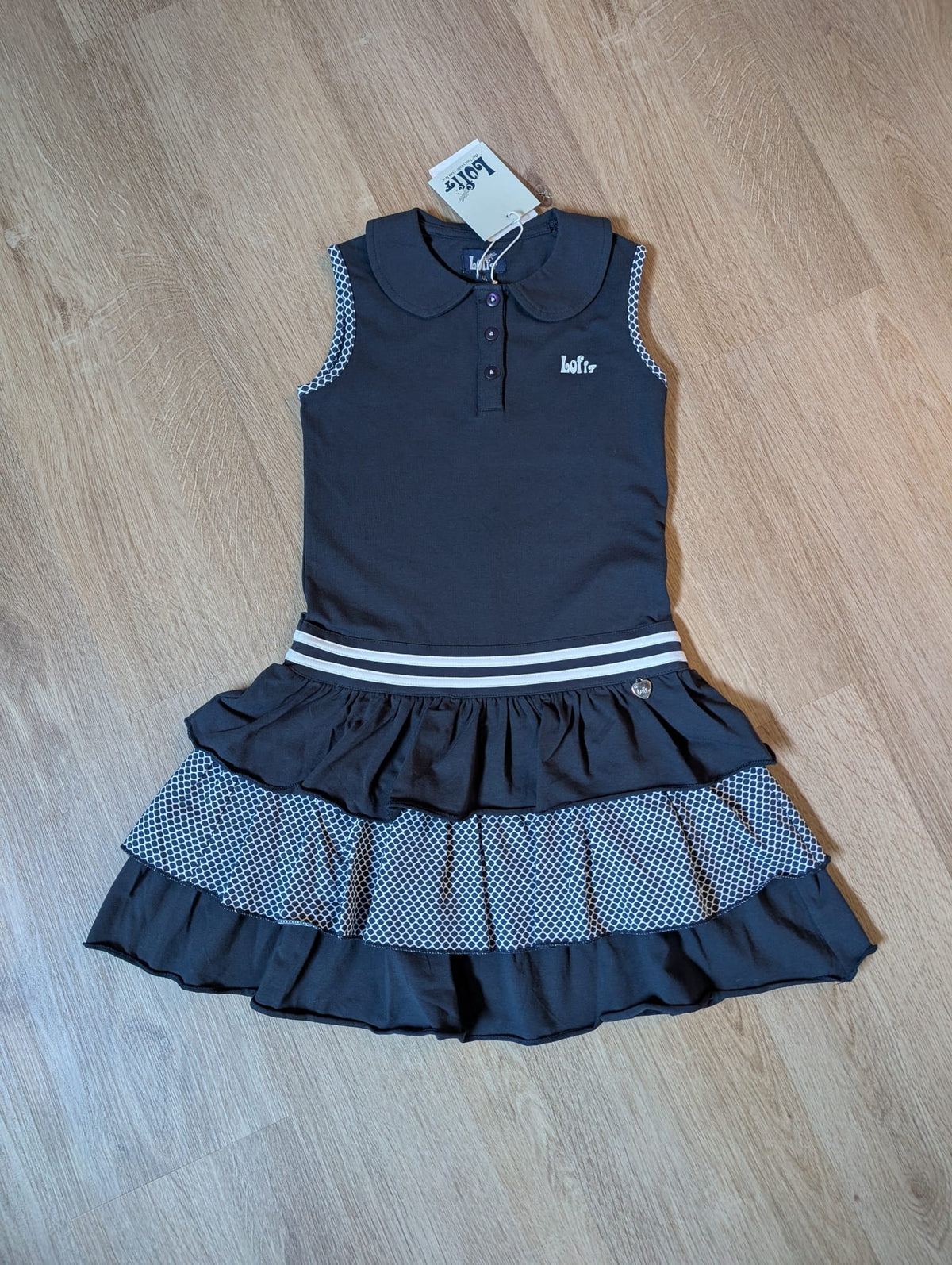 Lofff Audrey navy sleeveless girls' dress with gingham ruffle hem