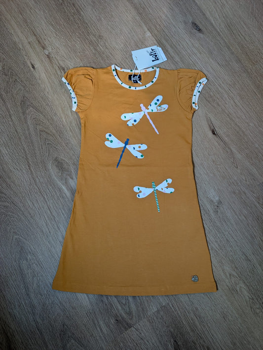 Lofff Britt ochre short-sleeve girls' dress with dragonfly print