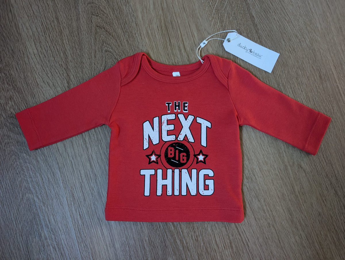 Ducky Beau red baby long-sleeve shirt with The Next Big Thing print, EU size 50