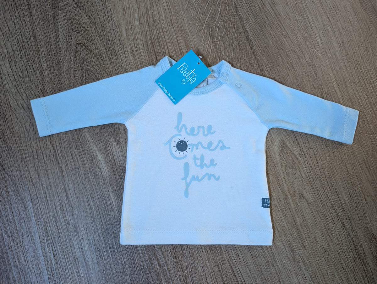 Feetje pale blue long-sleeve baby shirt with 'here comes the fun' print, EU size 50