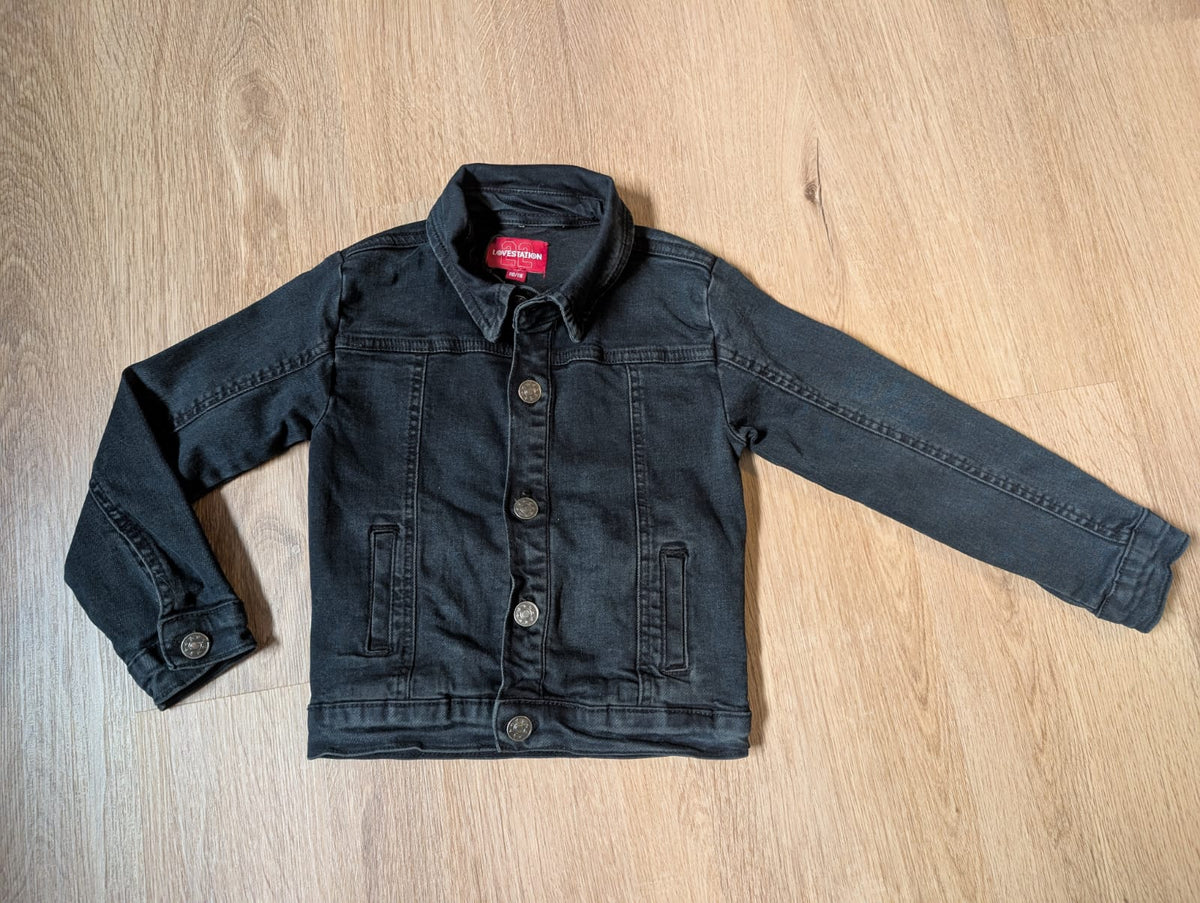 LoveStation22 girls' denim jacket in black wash, laid flat
