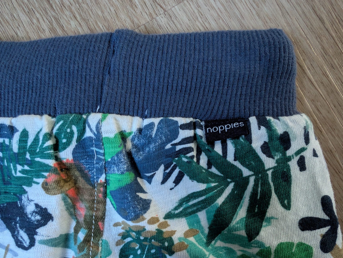 Close up of the Noppies jungle print shorts fabric and waistband, EU size 50