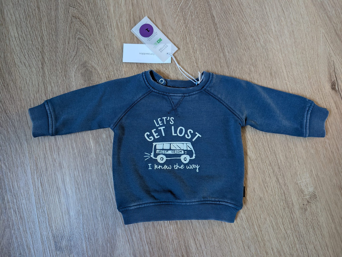 Noppies navy baby sweatshirt with camper van and Let's Get Lost print, EU size 50