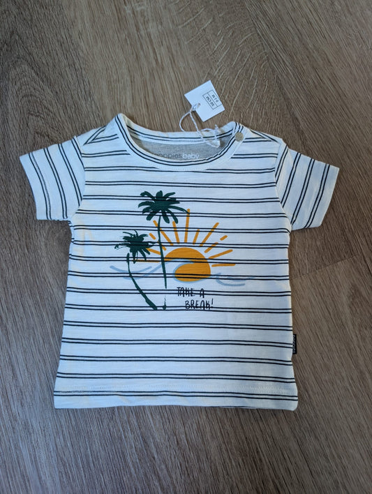 Noppies navy and white striped baby t-shirt with palm tree and sunset print, EU size 50