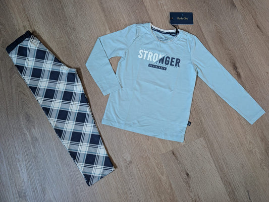 Charlie Choe faded blue boys' pyjama set with Stronger print and check bottoms