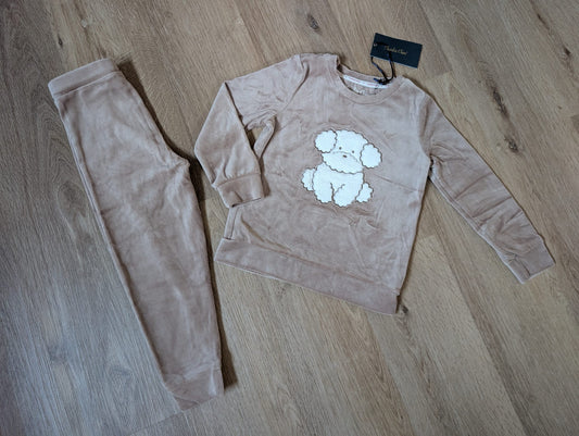 Charlie Choe faded brown velours girls' pyjama set with dog appliqué