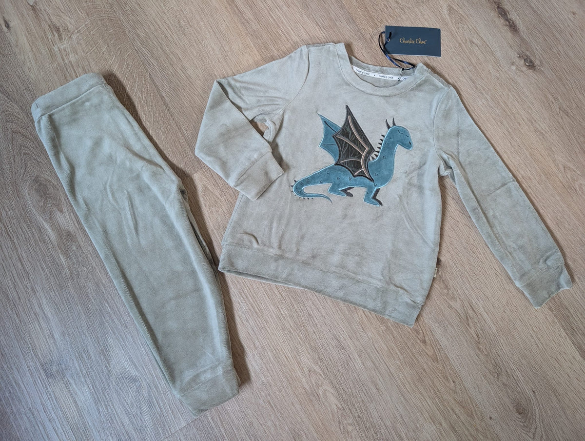 Charlie Choe faded green velours boys' pyjama set with dragon print