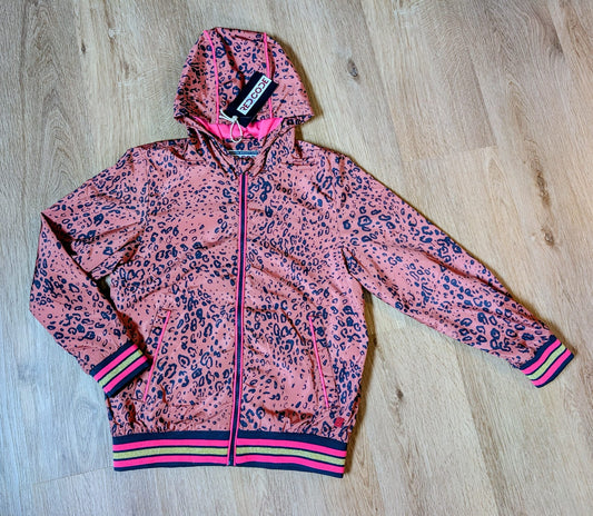 Red Code girls' hooded jacket in brown panther print with neon pink lining