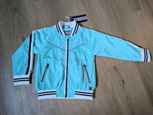The neon turquoise bomber jacket on a hanger showing collar and zip detail