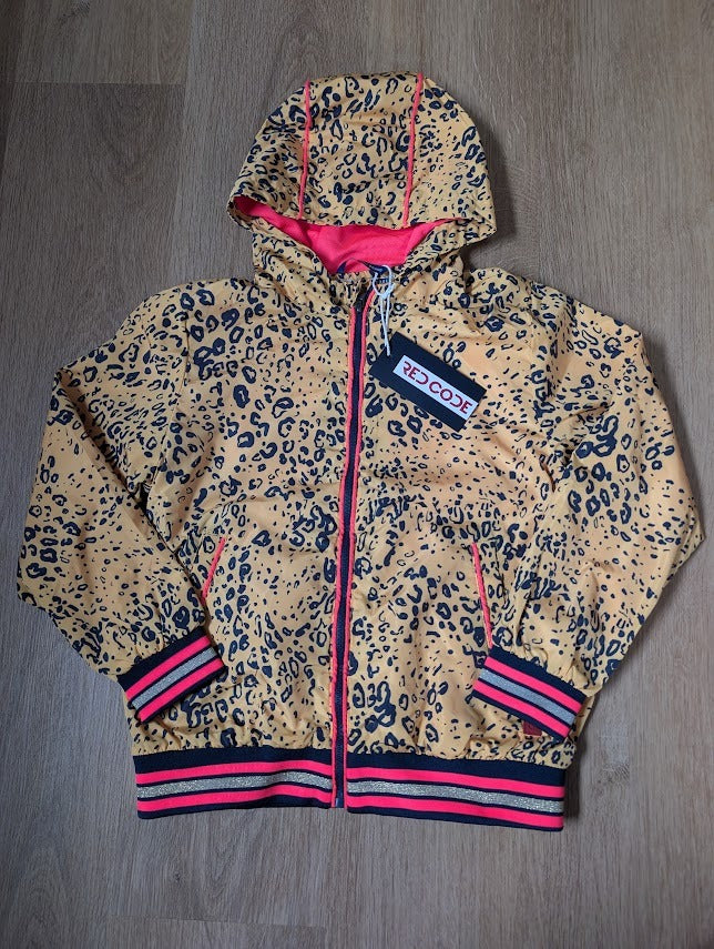 Red Code girls' hooded jacket in ochre panther print with neon pink and navy striped trims
