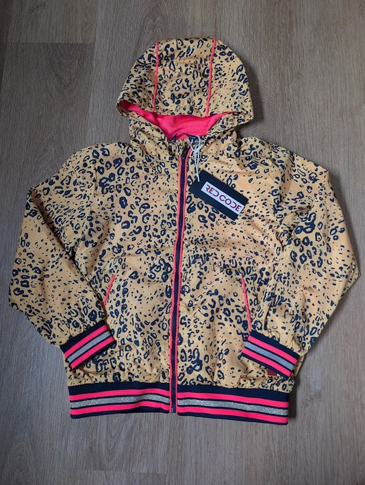 Red Code girls' hooded jacket in ochre panther print with neon pink and navy striped trims