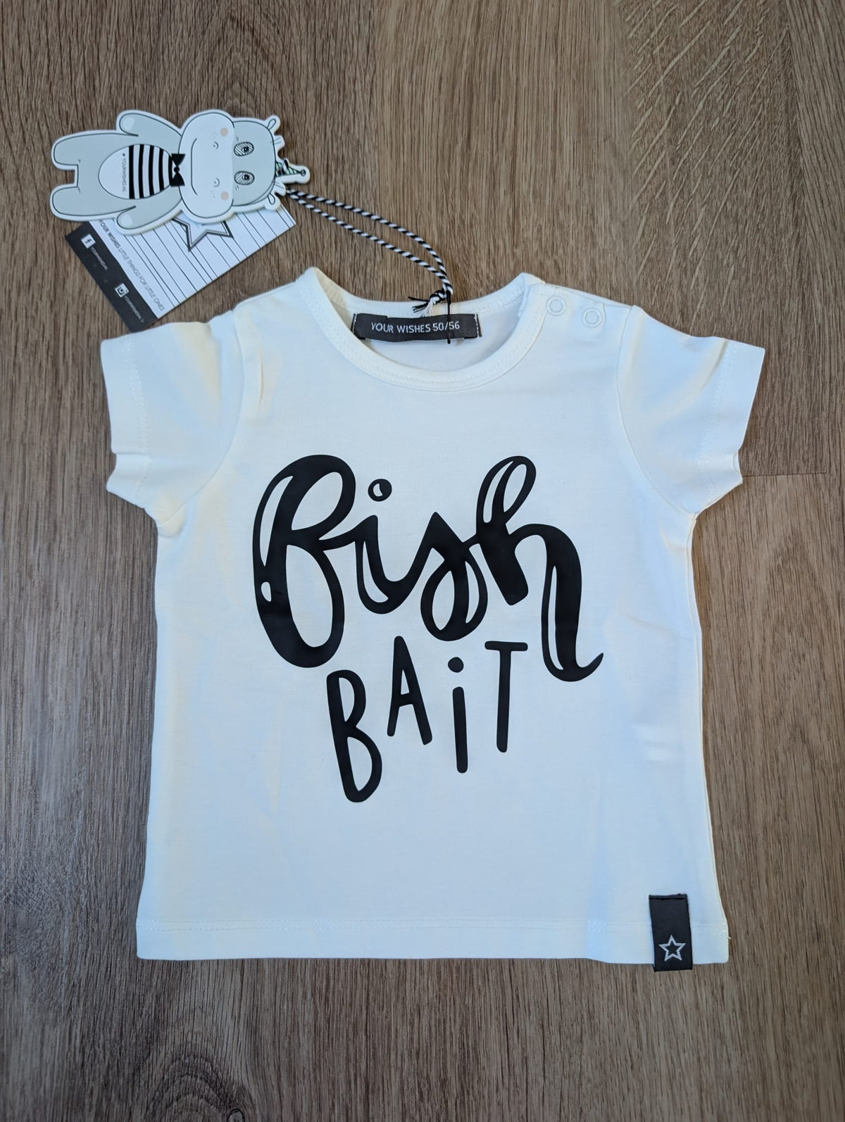 Your Wishes off-white baby t-shirt with Fish Bait script print, EU size 50/56