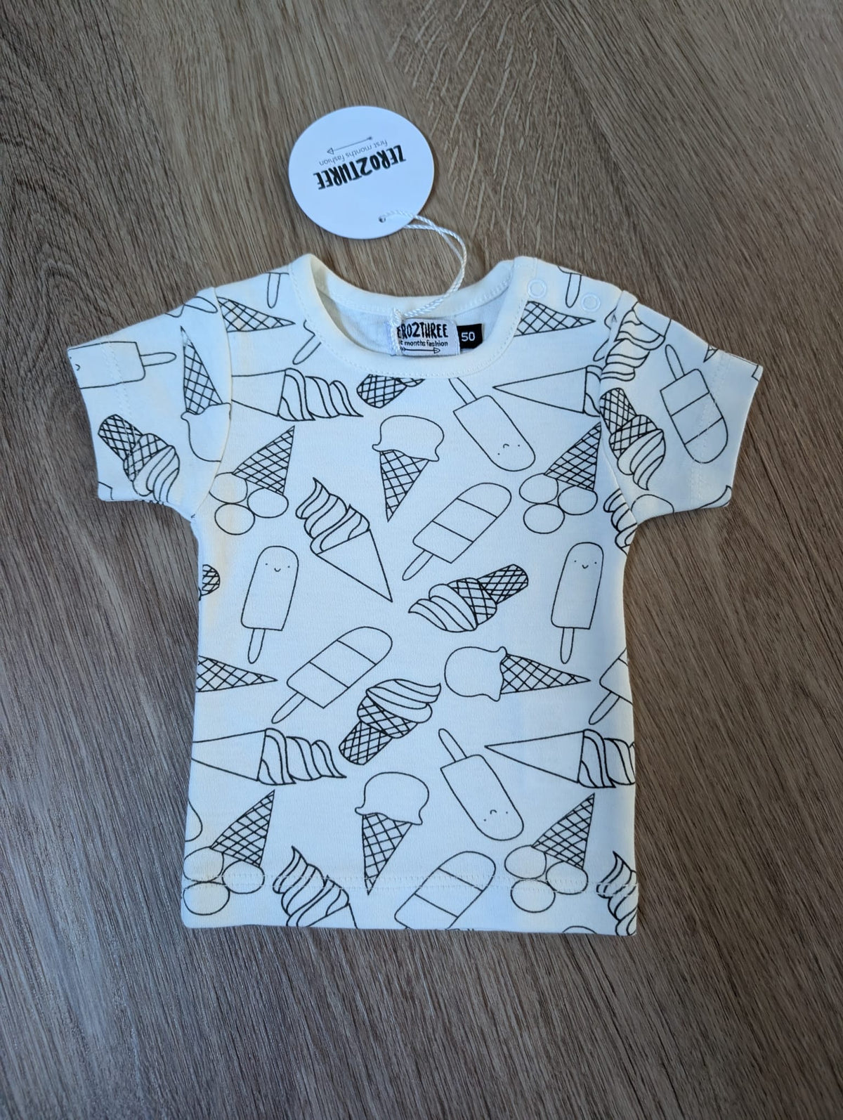 Zero2Three cream baby t-shirt with all-over ice cream and lolly print, EU size 50